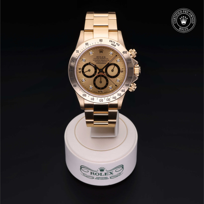 Rolex Certified Pre-owned Daytona M16528-0009 front on black background