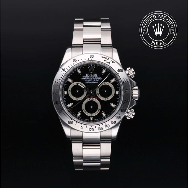 Rolex Certified Pre-owned Daytona M116520-0009 front on black background