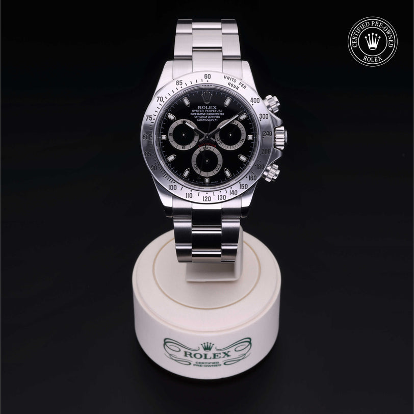 Rolex Certified Pre-owned Daytona M116520-0009 front on black background
