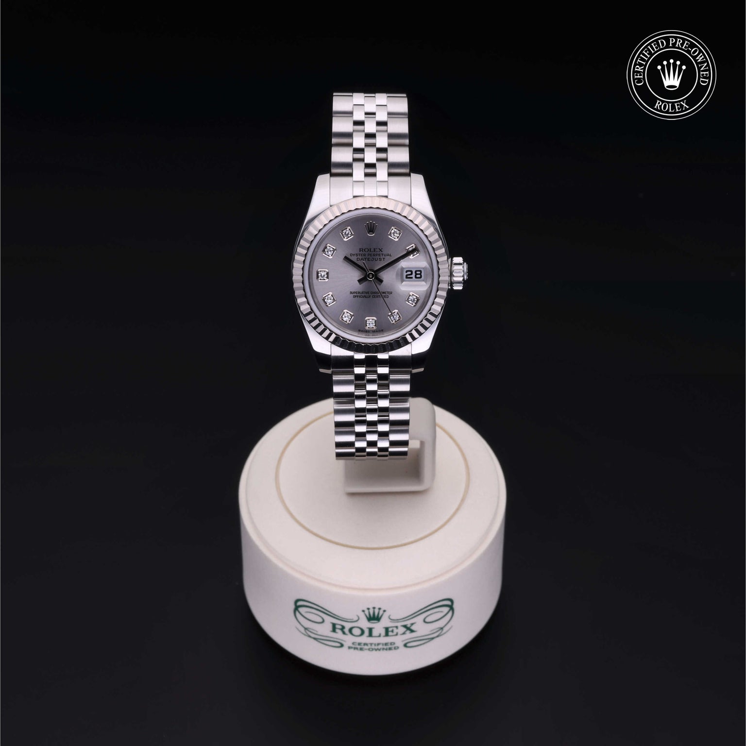 Rolex Certified Pre-owned Lady Datejust M179174-0030 front on black background