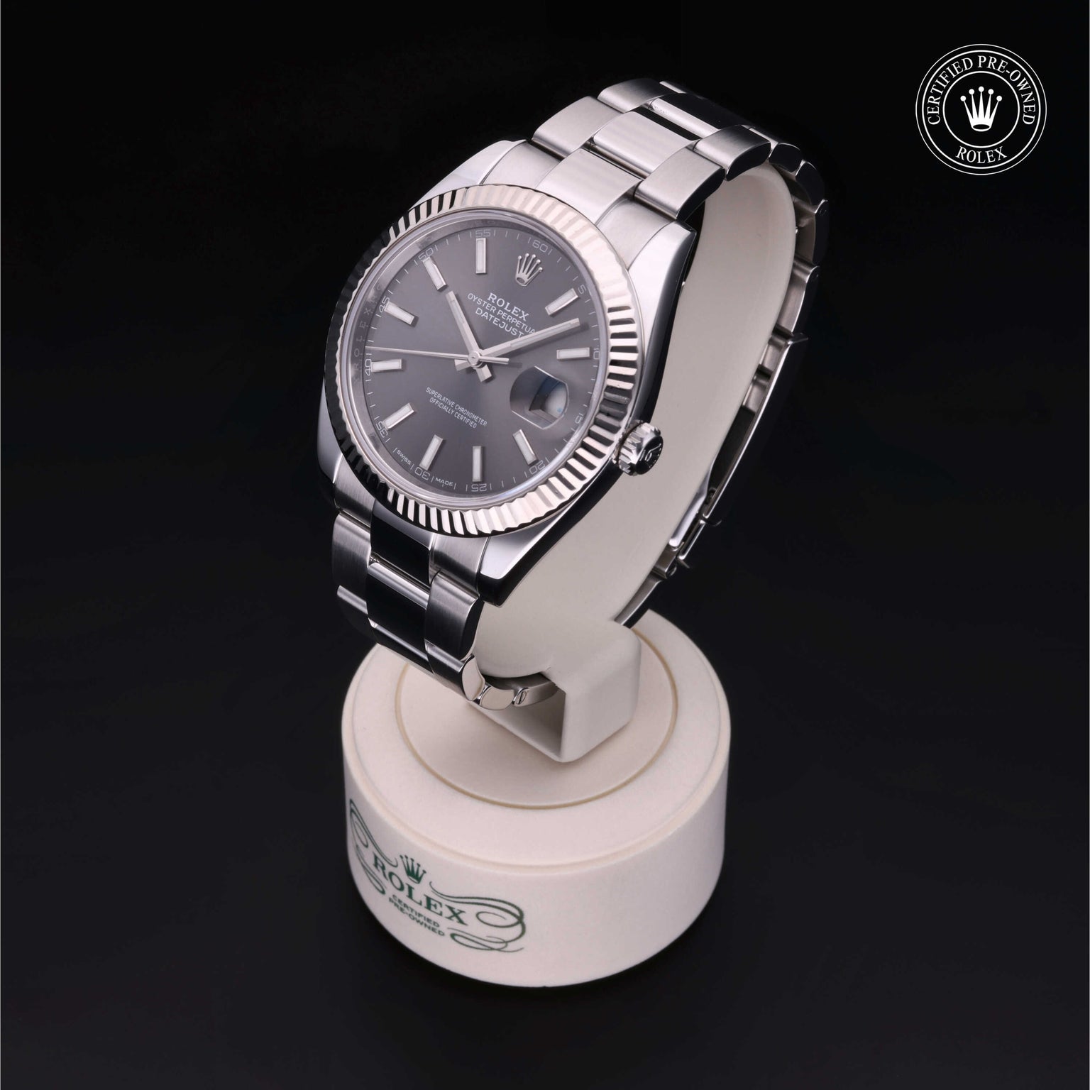 Rolex Certified Pre-owned Datejust M126334-0017 front on black background