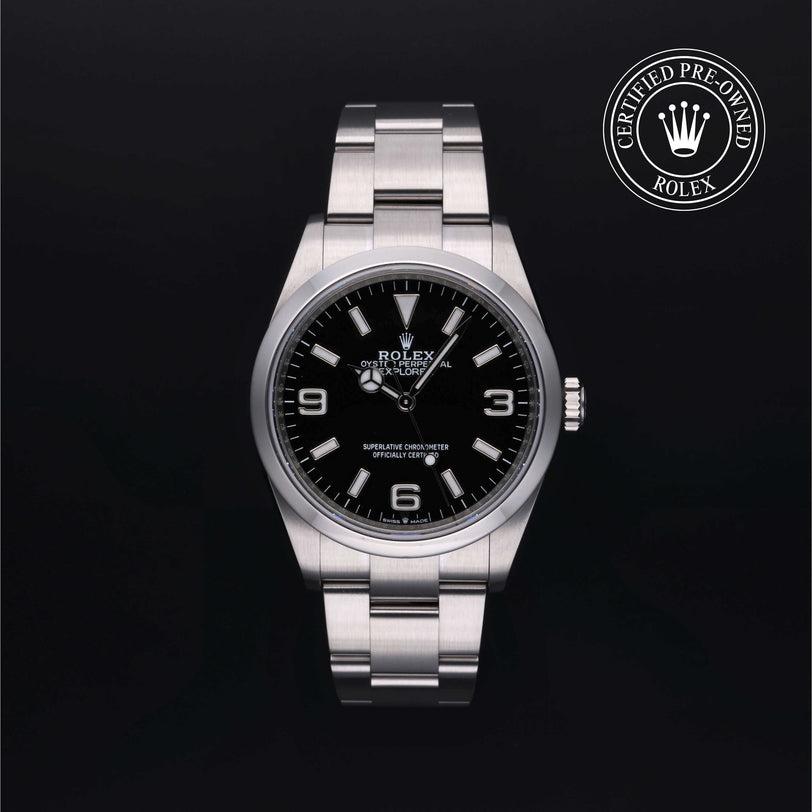 Rolex Certified Pre-owned Explorer M124270-0001 front on black background