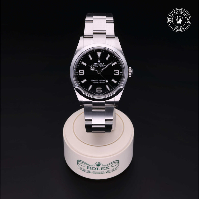 Rolex Certified Pre-owned Explorer M124270-0001 front on black background