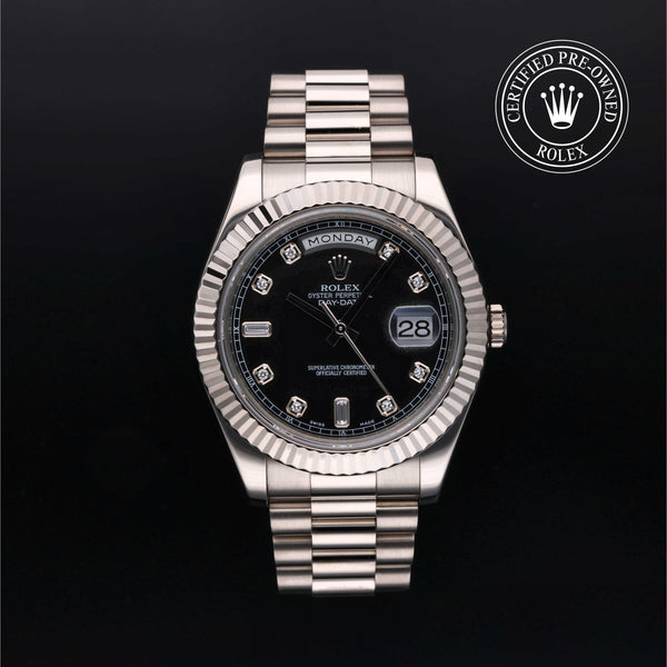 Rolex Certified Pre-owned Day-date M218239-0008 front on black background