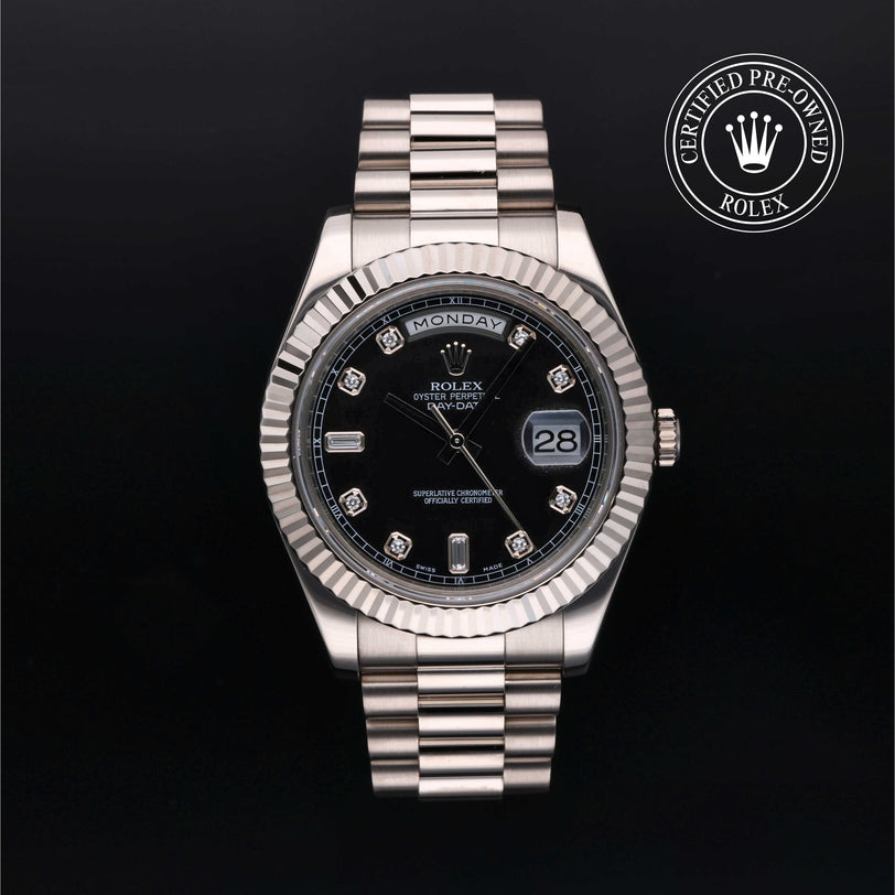 Rolex Certified Pre-owned Day-date M218239-0008 front on black background