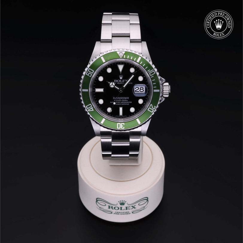 Rolex Certified Pre-owned Submariner Date M16610LV-0002 front on black background