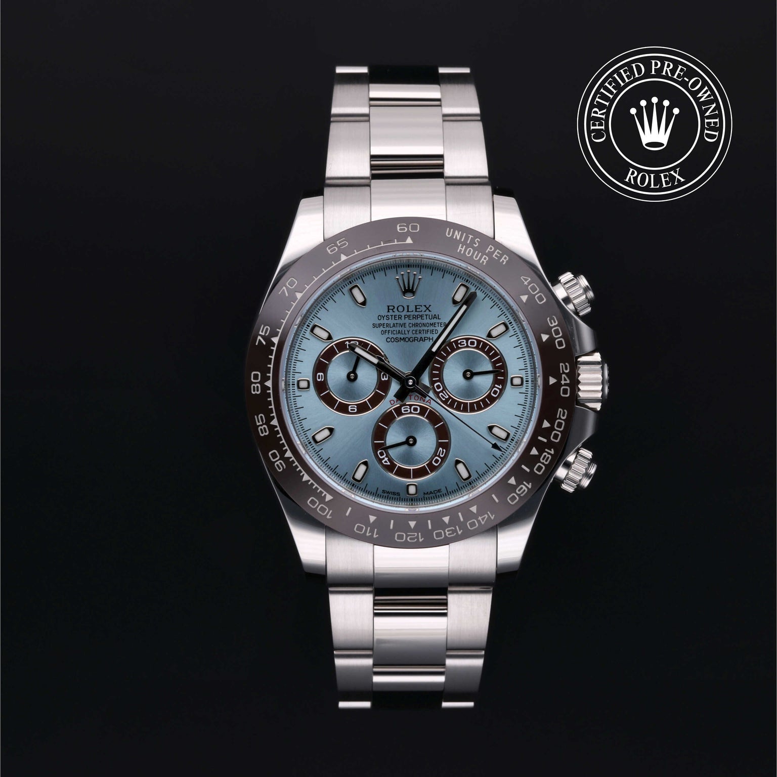 Rolex Certified Pre-owned Daytona M116506-0001 front on black background