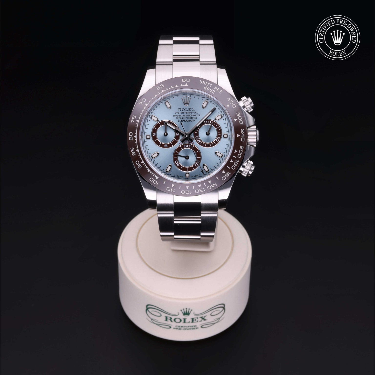 Rolex Certified Pre-owned Daytona M116506-0001 front on black background