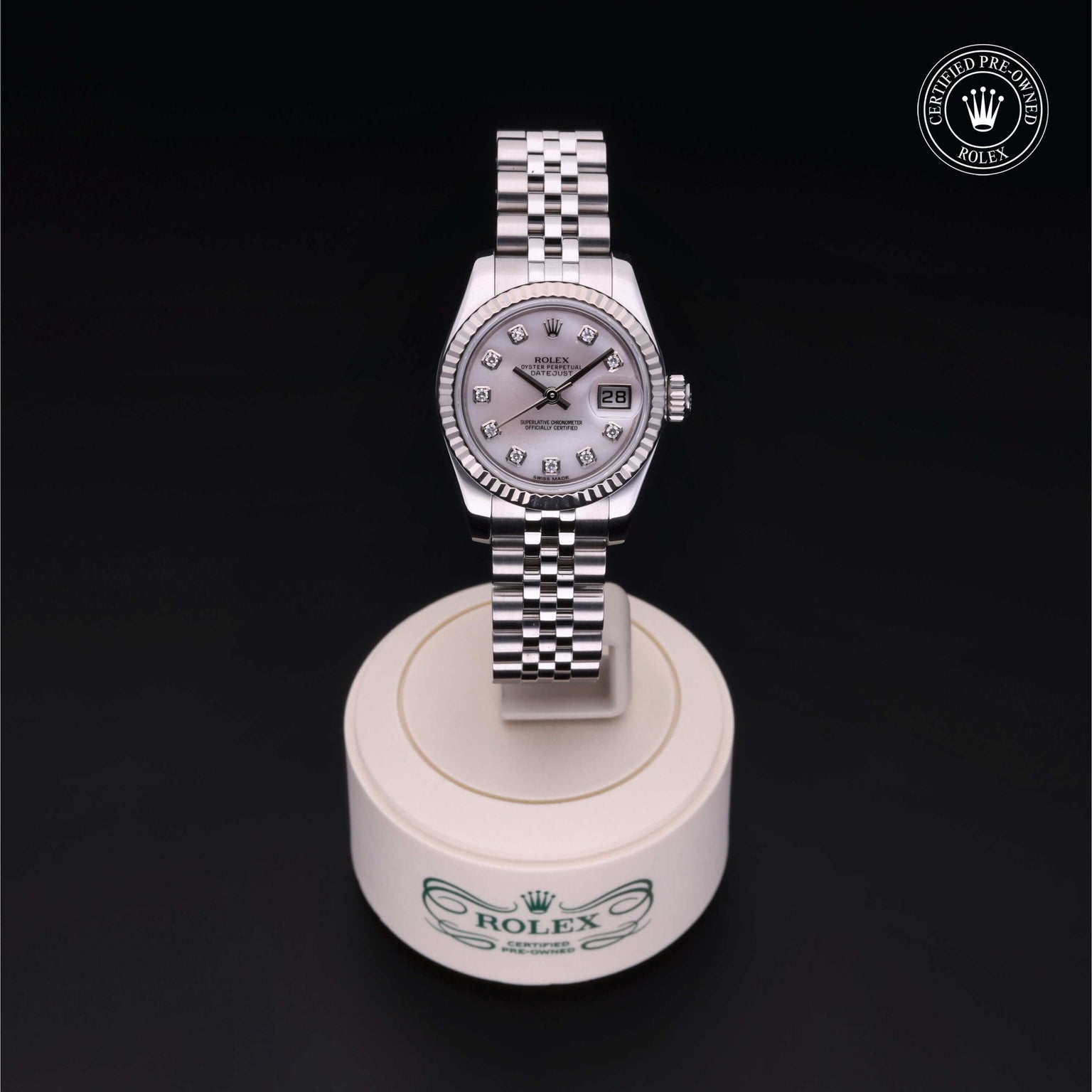 Rolex Certified Pre-owned Lady Datejust M179174-0029 front on black background