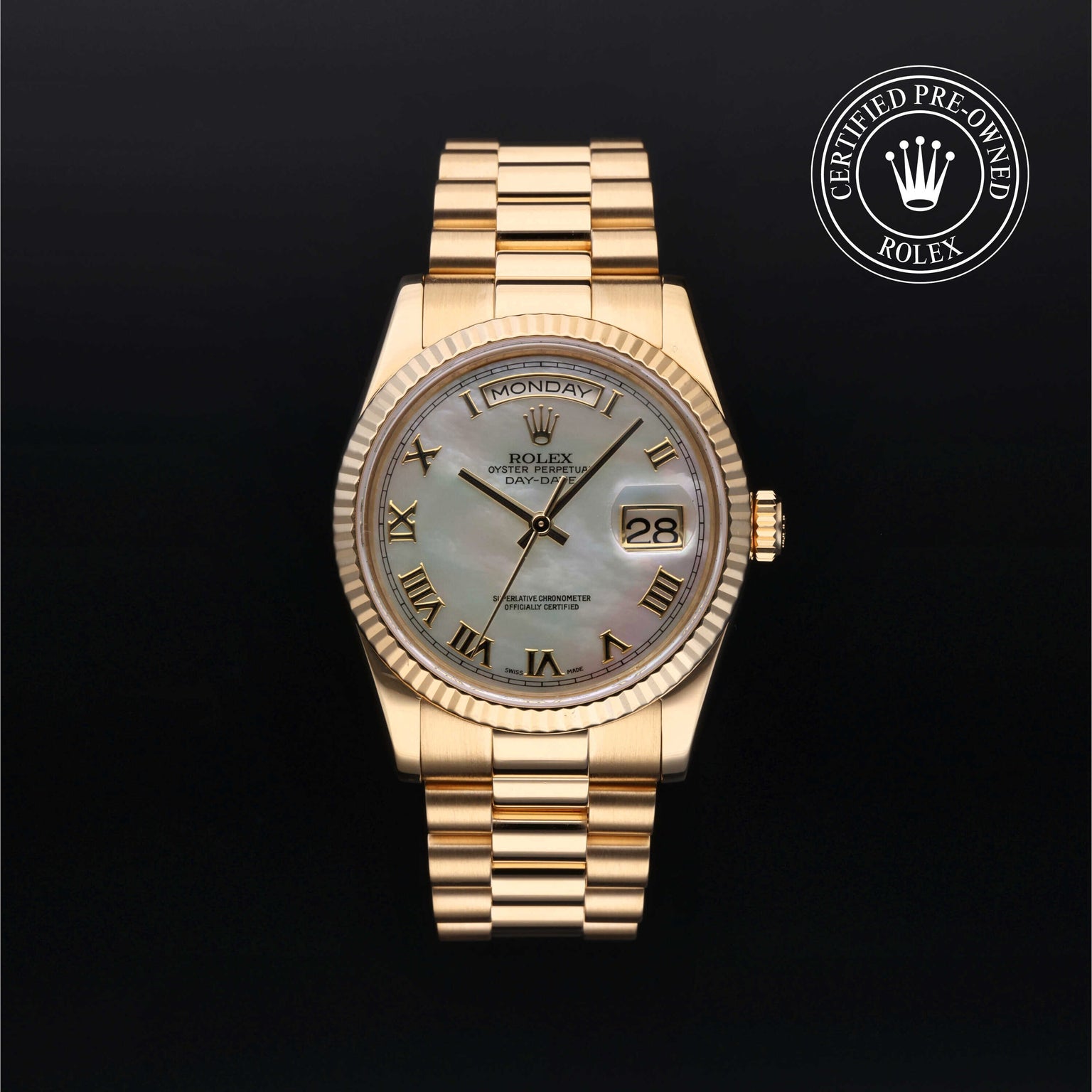 Rolex Certified Pre-owned Day-date M118238-0117 front on black background
