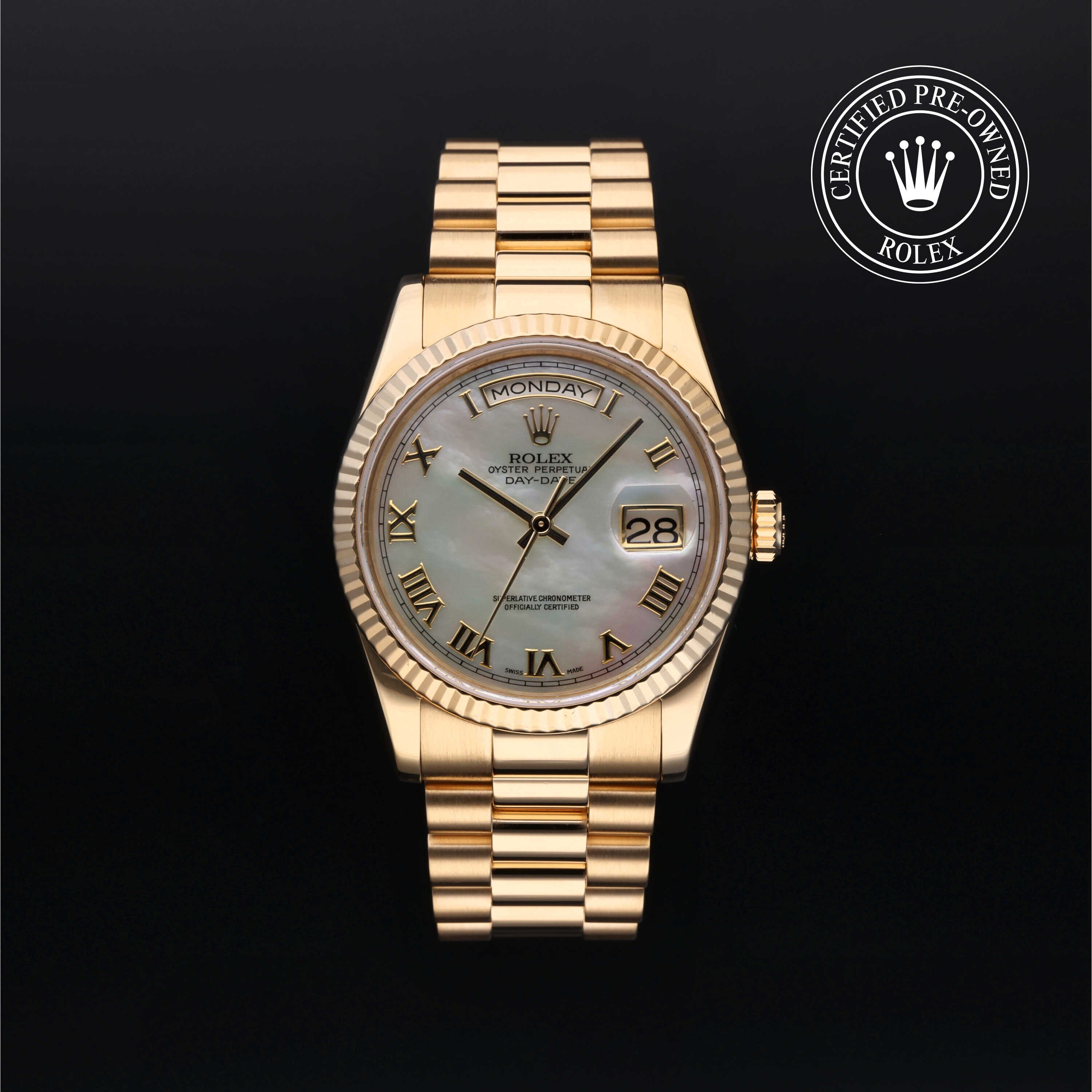 Rolex Certified Pre-owned Day-date M118238-0117 front on black background