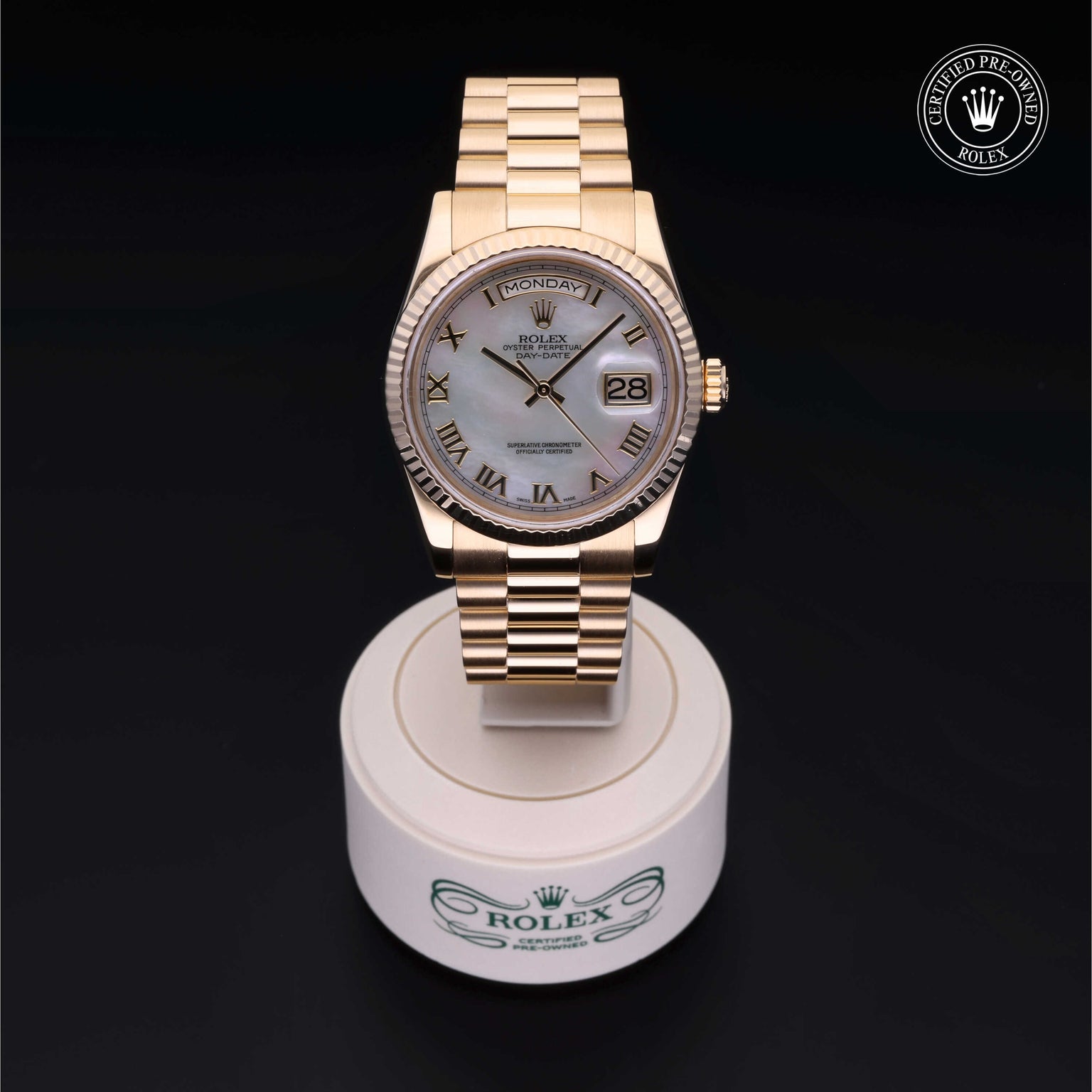 Rolex Certified Pre-owned Day-date M118238-0117 front on black background