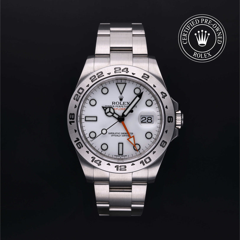 Rolex Certified Pre-owned Explorer II M216570-0001 front on black background