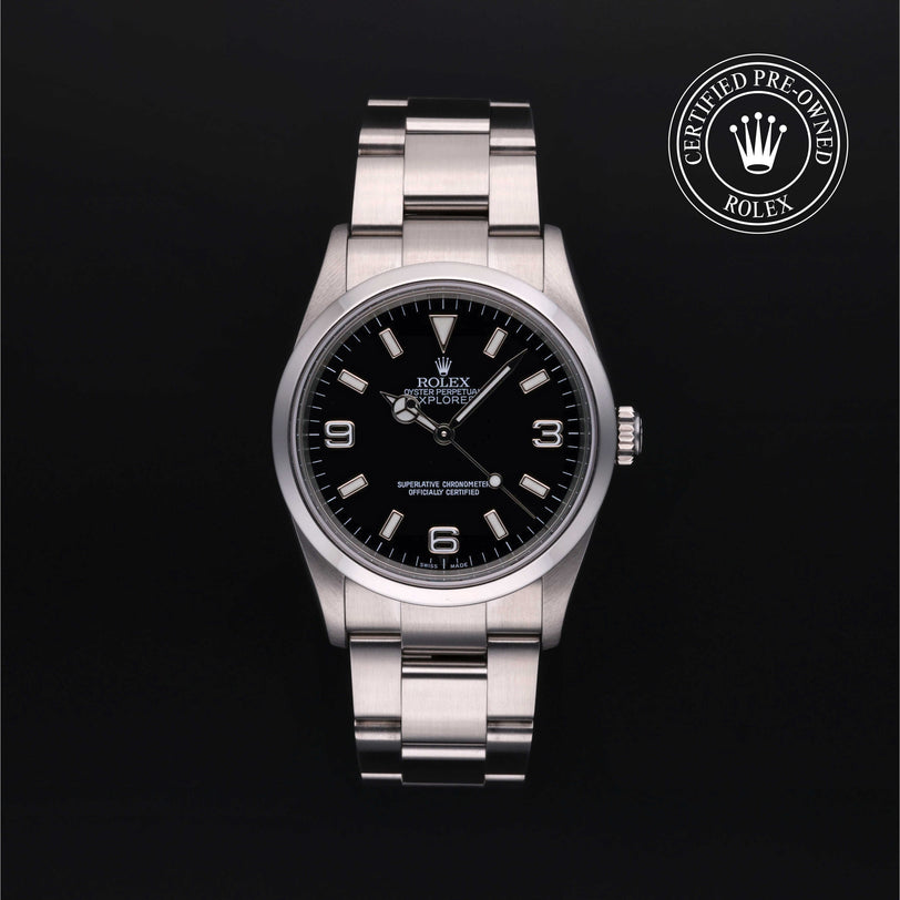Rolex Certified Pre-owned Explorer M114270-0002 front on black background