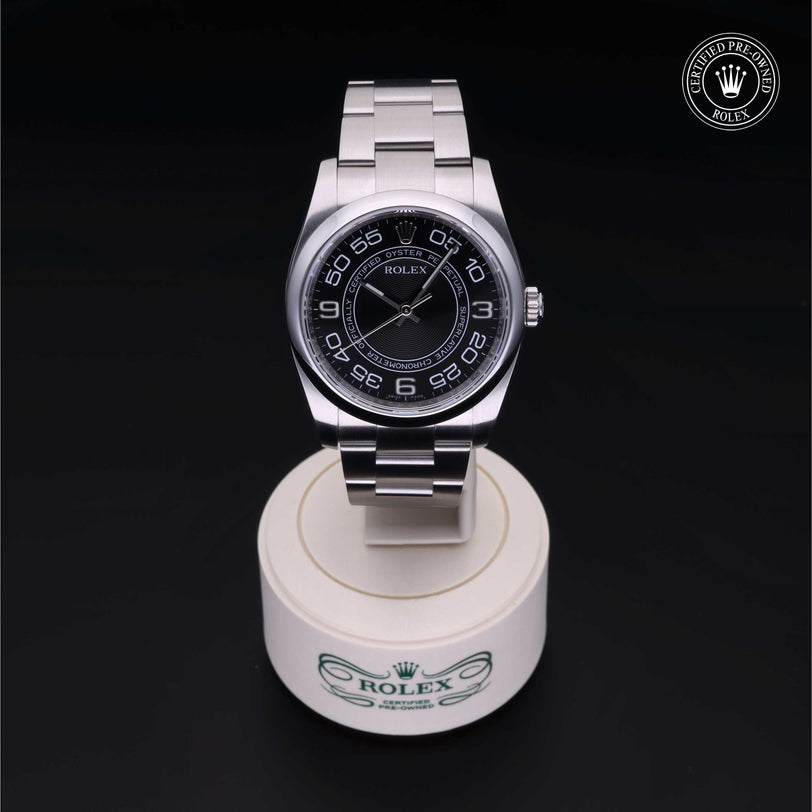 Rolex Certified Pre-owned Oyster Perpetual M116000-0010 front on black background