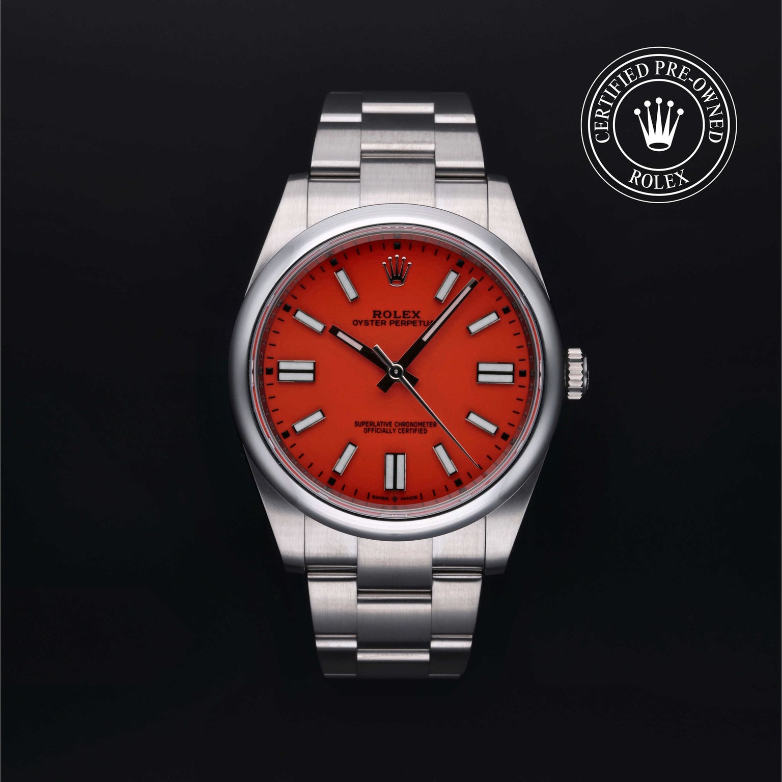 Rolex Certified Pre-owned Oyster Perpetual M124300-0007 front on black background