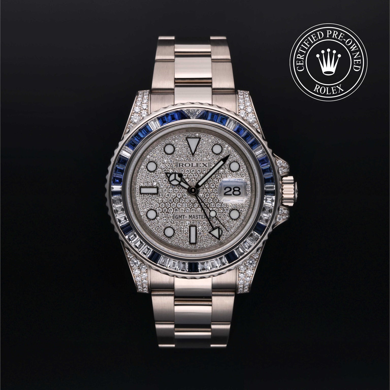 Rolex Certified Pre-owned GMT II M116759SA-0002 front on black background