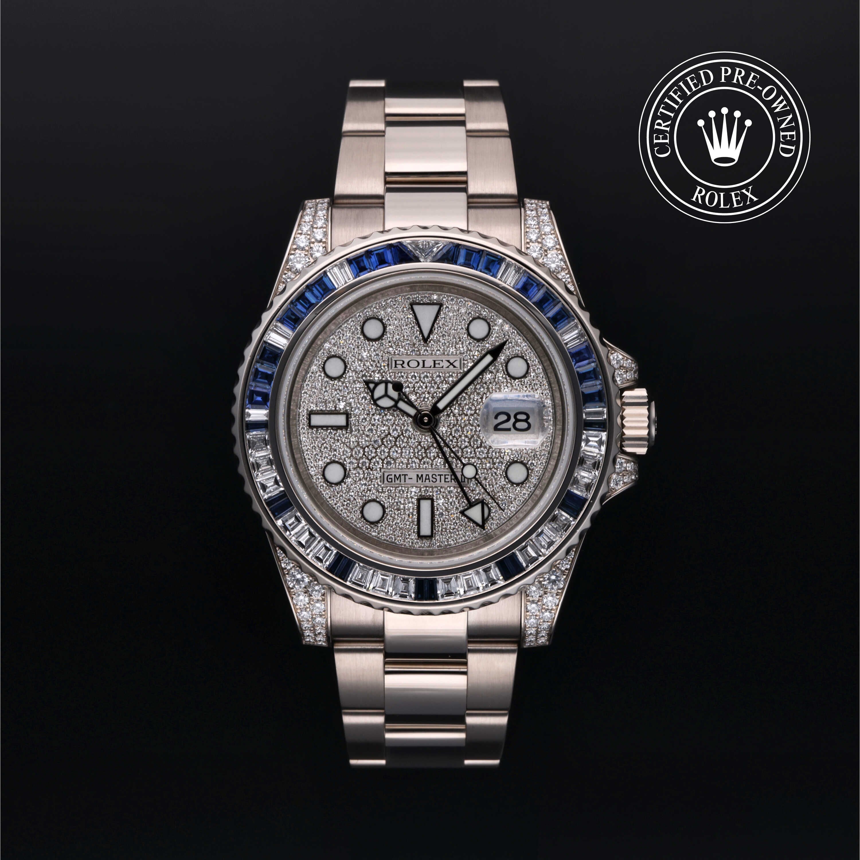 Rolex Certified Pre-owned GMT II M116759SA-0002 front on black background