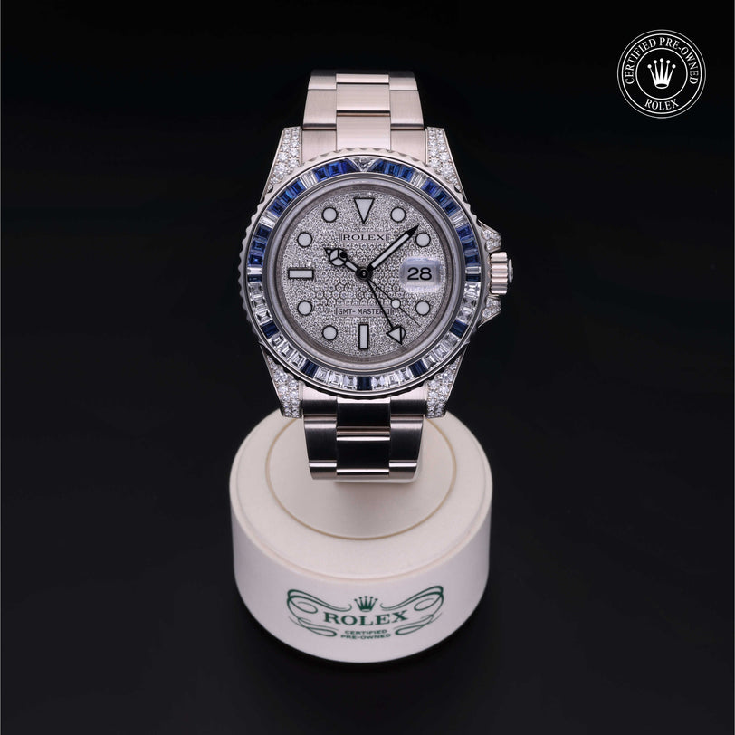Rolex Certified Pre-owned GMT II M116759SA-0002 front on black background