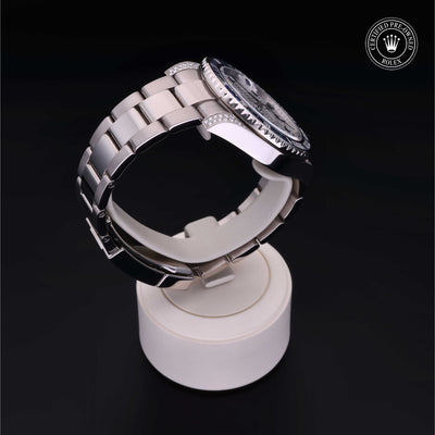 Rolex Certified Pre-owned GMT II M116759SA-0002 front on black background