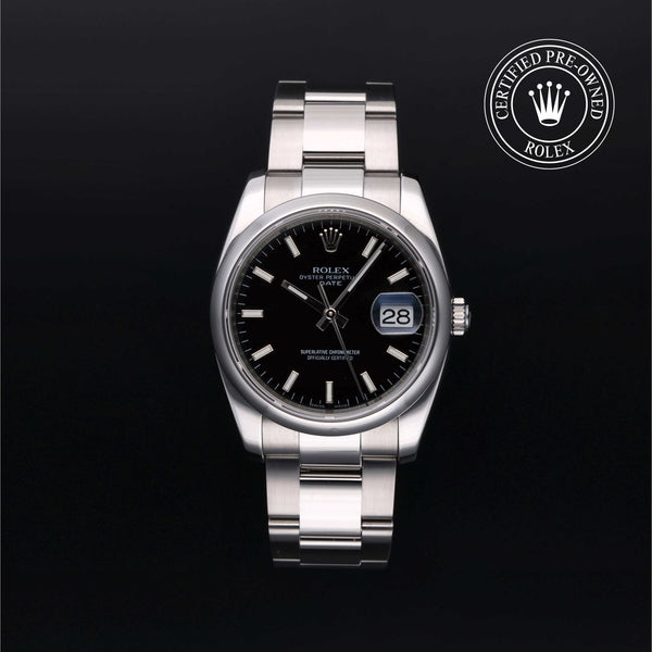 Rolex Certified Pre-owned Oyster Perpetual M115200-0004 front on black background