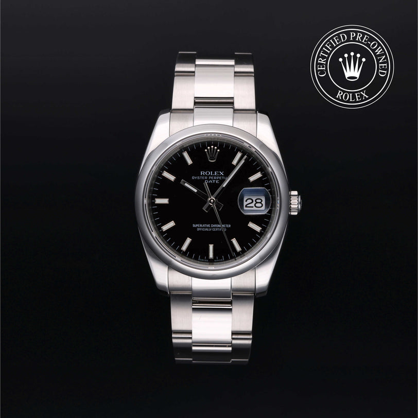 Rolex Certified Pre-owned Oyster Perpetual M115200-0004 front on black background