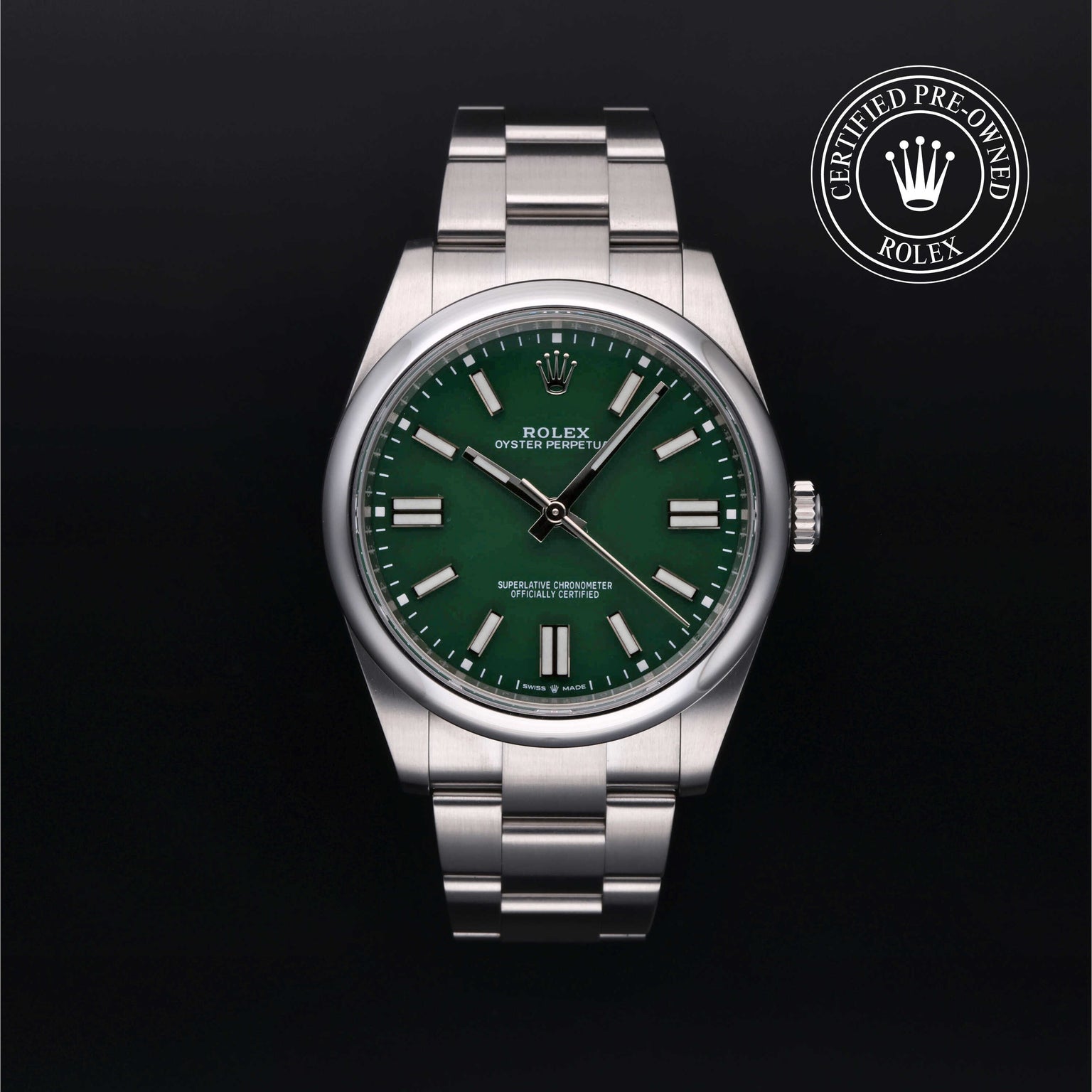 Rolex Certified Pre-owned Oyster Perpetual M124300-0005 front on black background