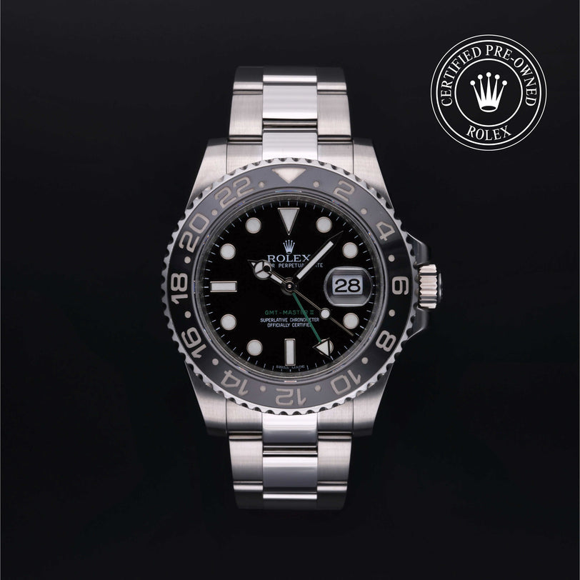 Rolex Certified Pre-owned GMT II M116710LN-0001 front on black background