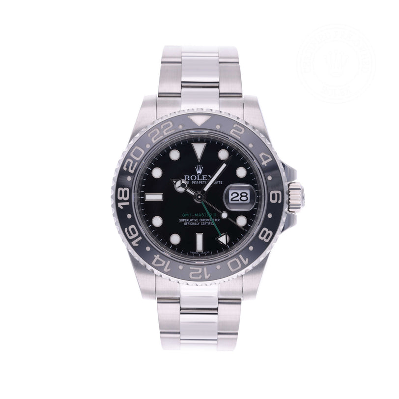 Rolex Certified Pre-owned GMT II M116710LN-0001 front on white background