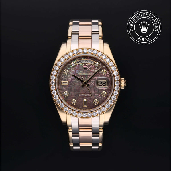 Rolex Certified Pre-owned Pearlmaster Day-Date M18948-0025 front on black background
