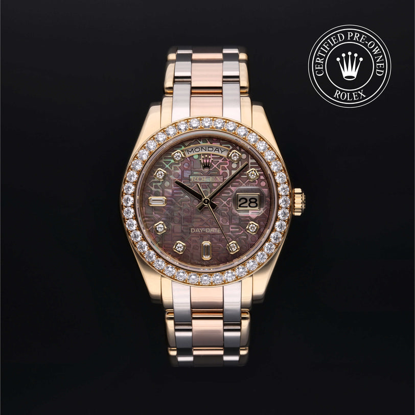 Rolex Certified Pre-owned Pearlmaster Day-Date M18948-0025 front on black background