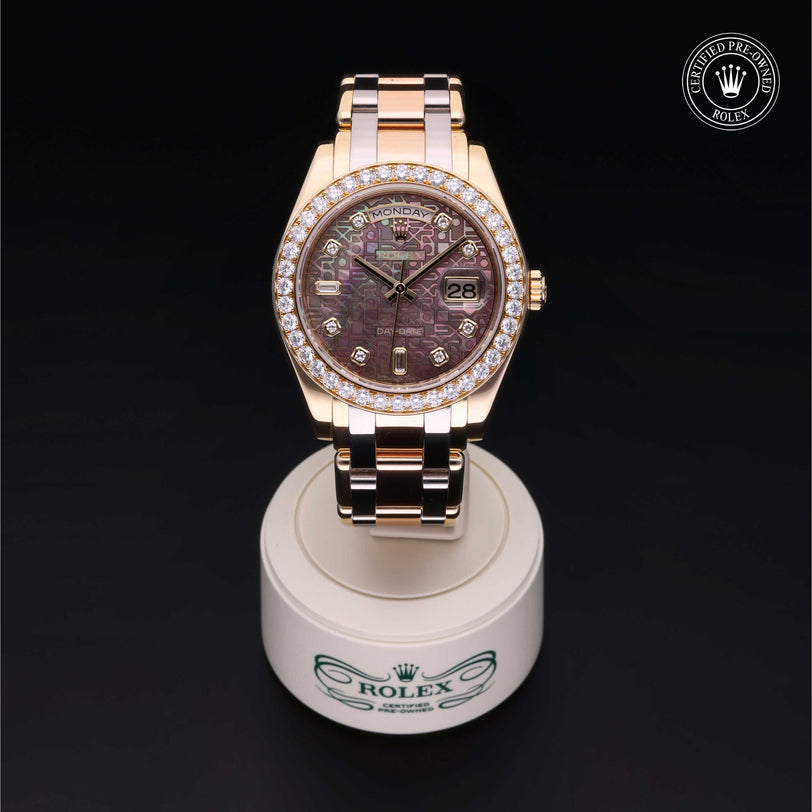 Rolex Certified Pre-owned Pearlmaster Day-Date M18948-0025 front on black background
