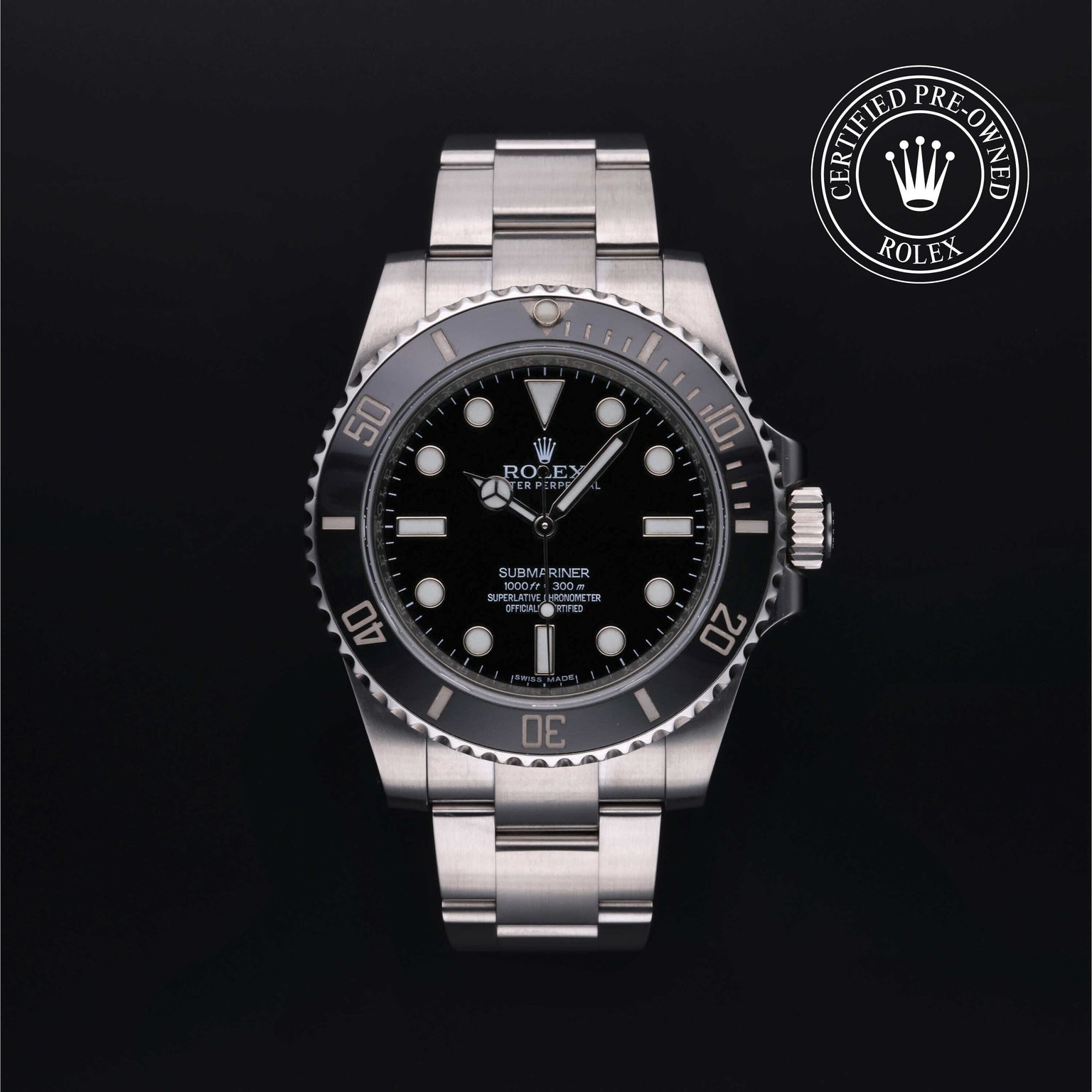 Rolex Certified Pre-owned Submariner Non Date M114060-0002 front on black background