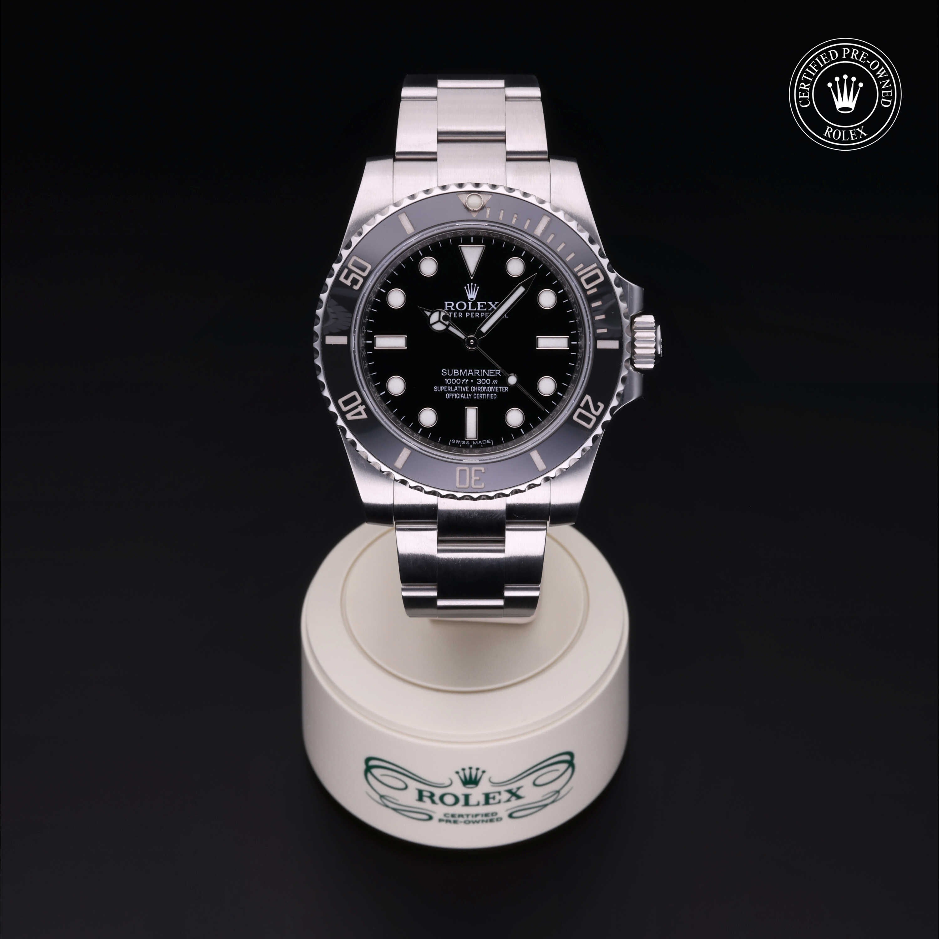 Rolex Certified Pre-owned Submariner Non Date M114060-0002 front on black background