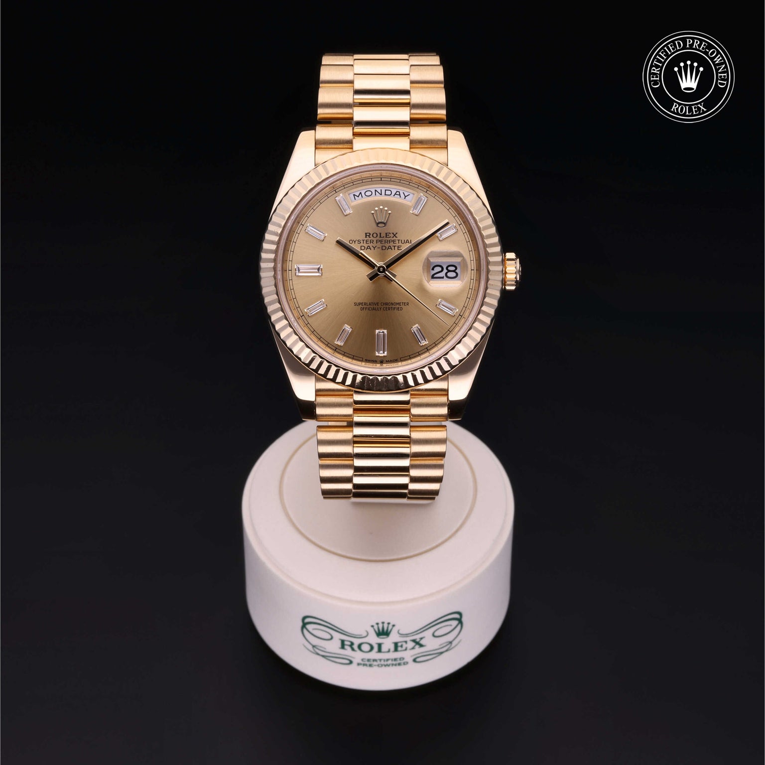 Rolex Certified Pre-owned Day-date M228238-0005 front on black background