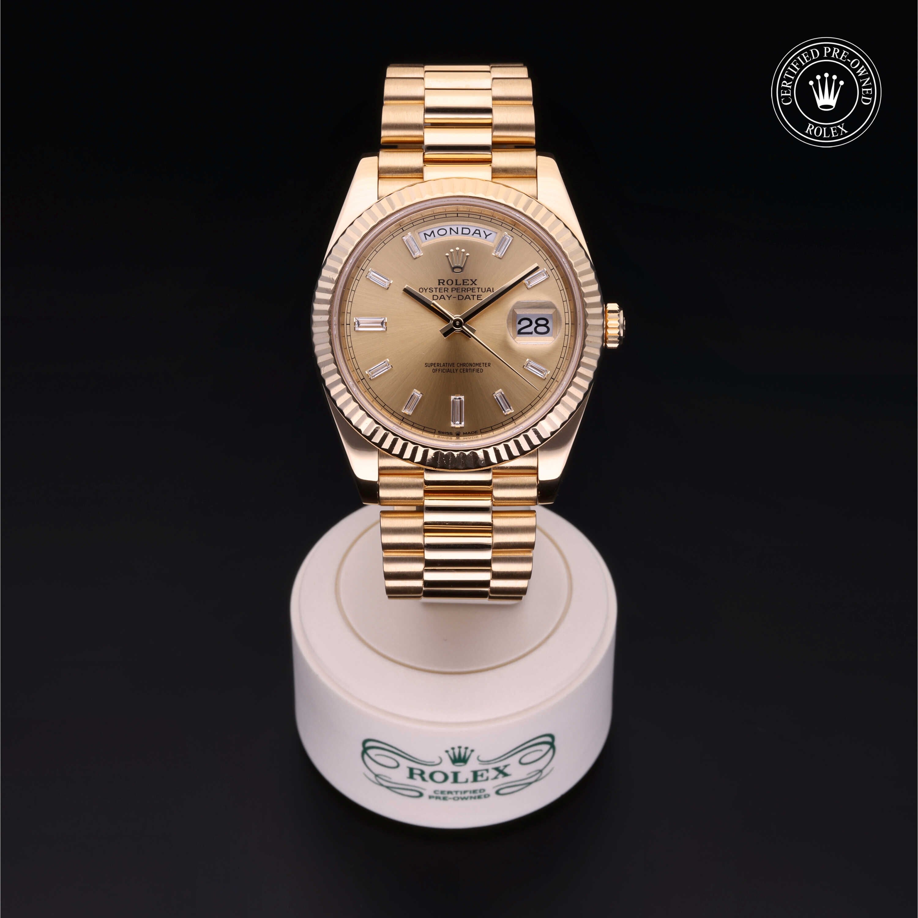 Rolex Certified Pre-owned Day-date M228238-0005 front on black background