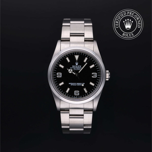 Rolex Certified Pre-owned Explorer M14270-0001 front on black background