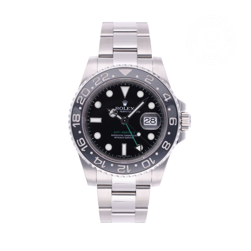 Rolex Certified Pre-owned GMT II M116710LN-0001 front on white background
