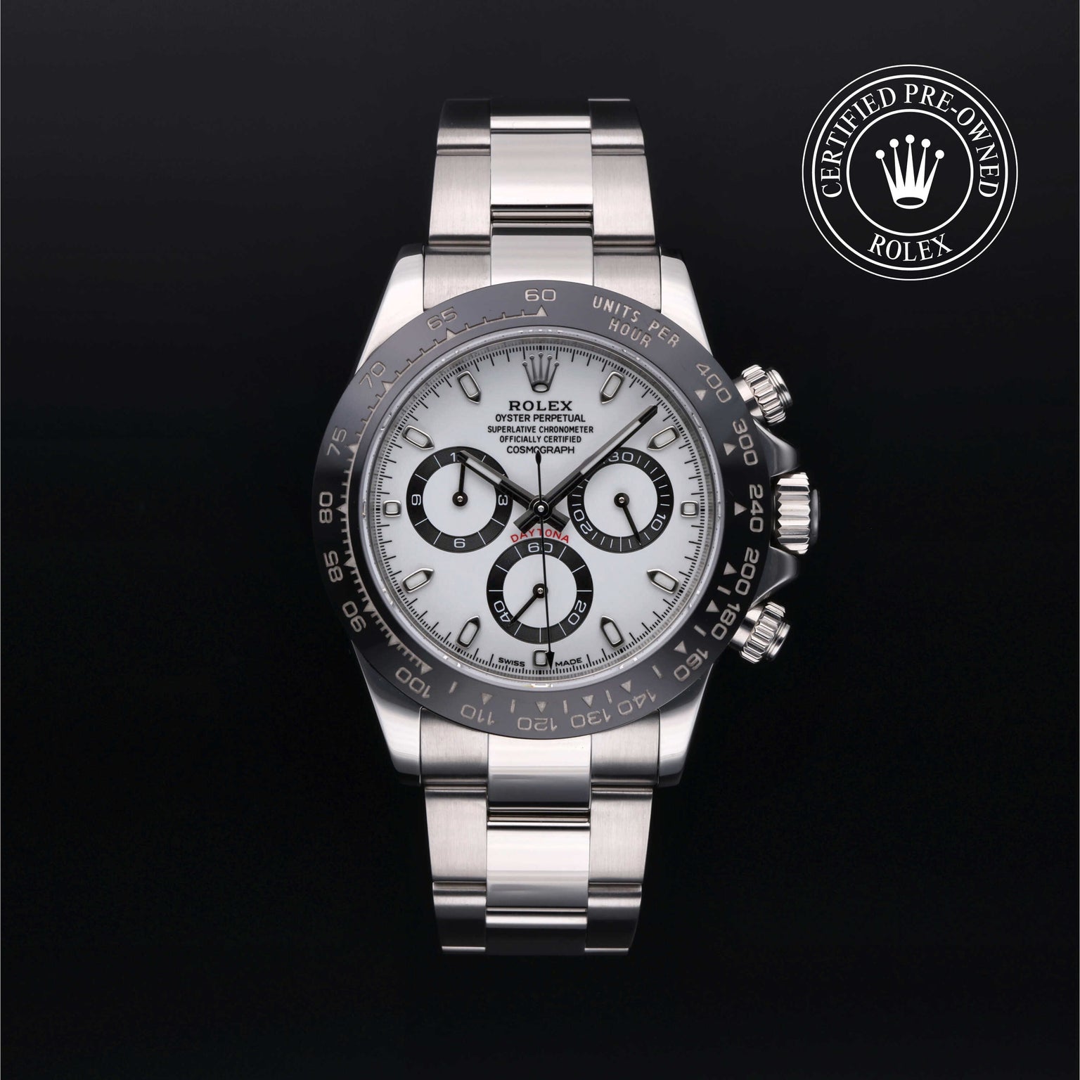 Rolex Certified Pre-owned Daytona M116500LN-0001 front on black background