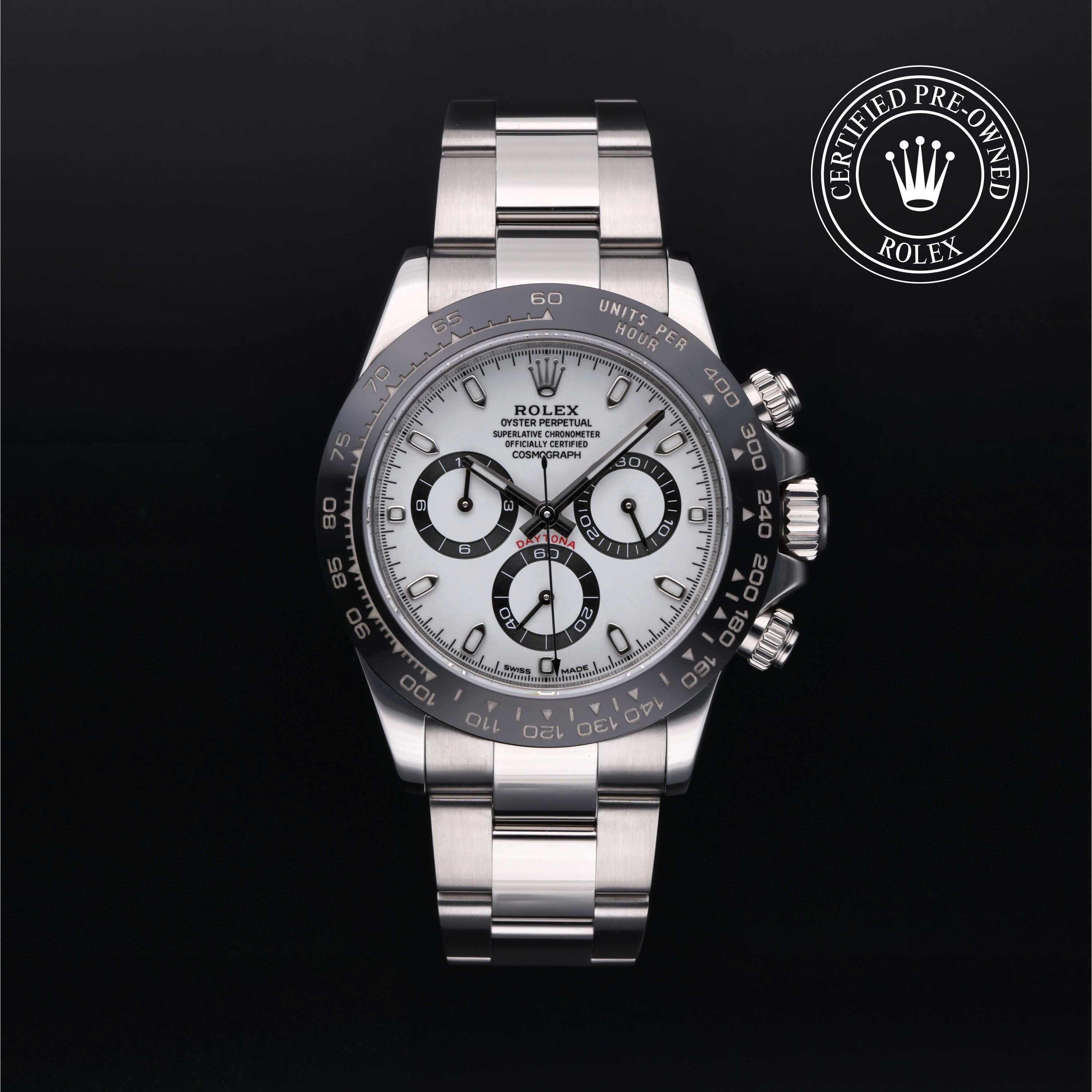 Rolex Certified Pre-owned Daytona M116500LN-0001 front on black background