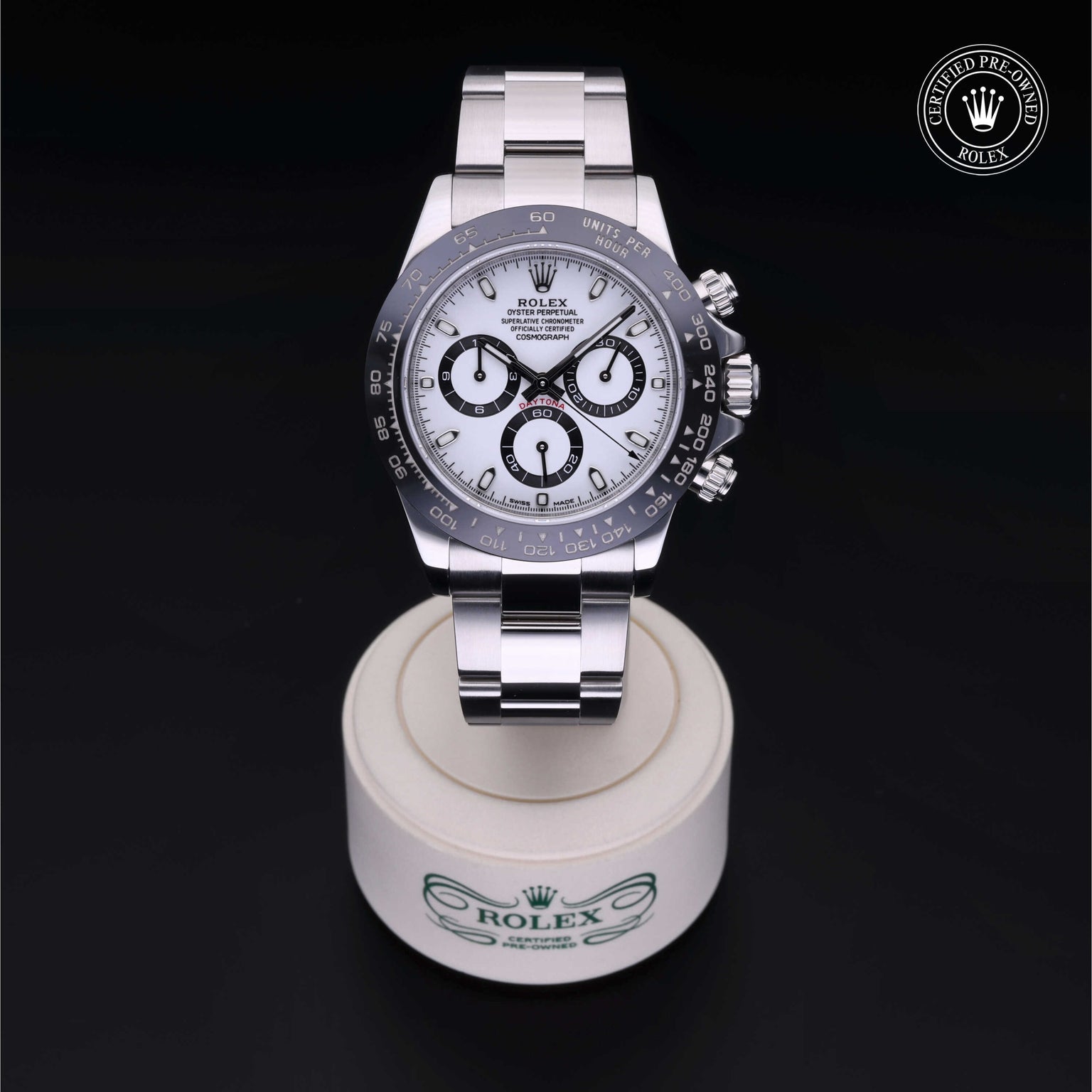 Rolex Certified Pre-owned Daytona M116500LN-0001 front on black background