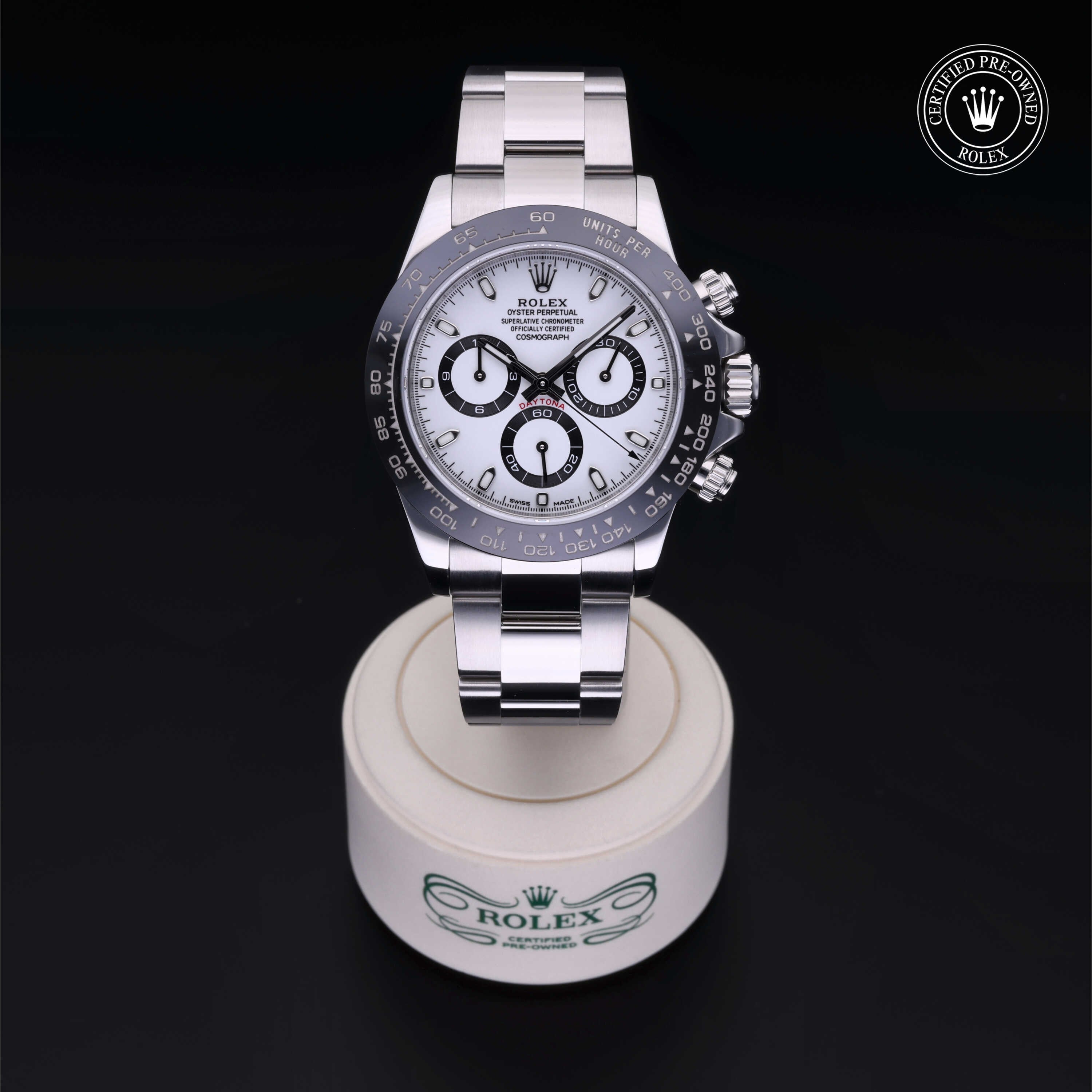 Rolex Certified Pre-owned Daytona M116500LN-0001 front on black background
