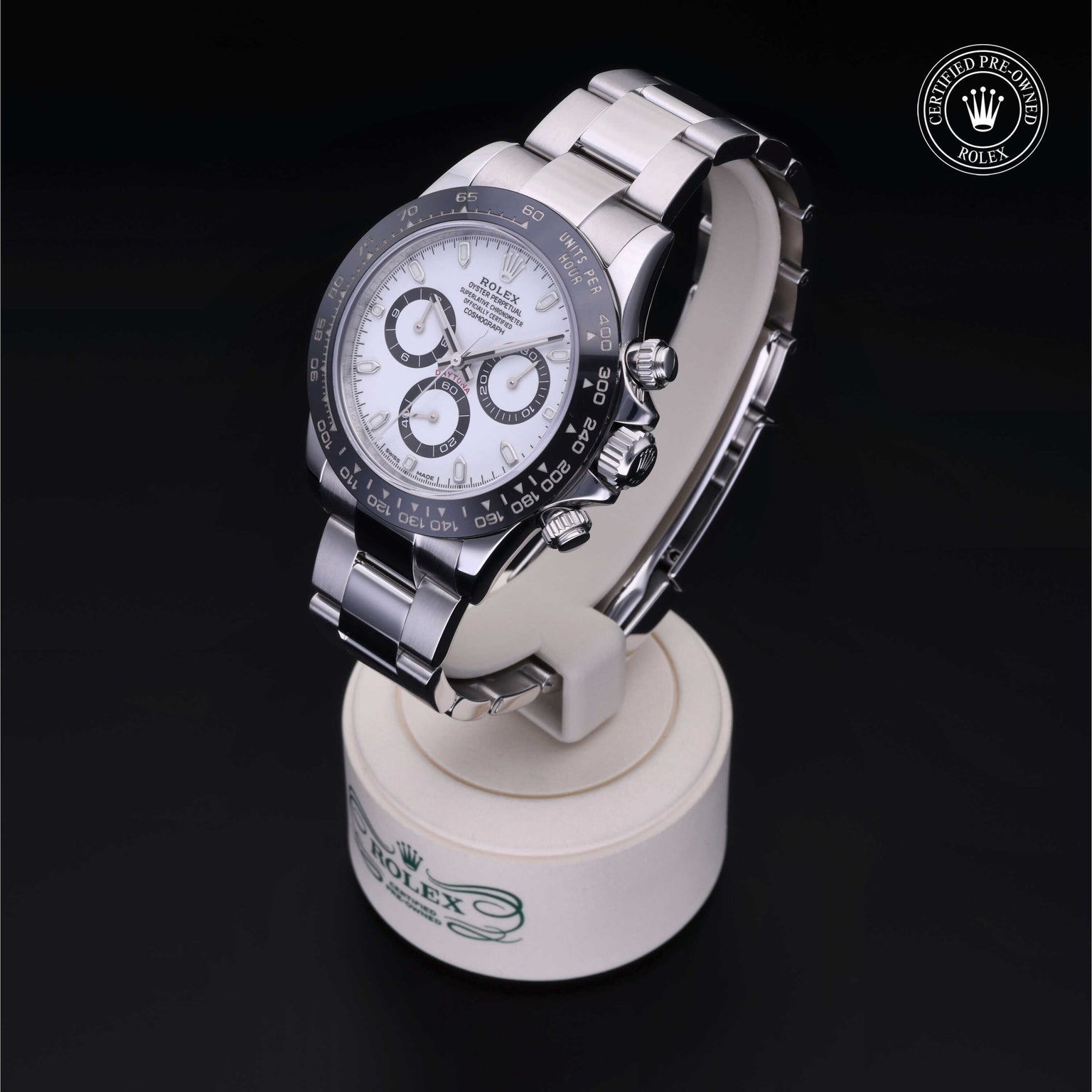 Rolex Certified Pre-owned Daytona M116500LN-0001 front on black background
