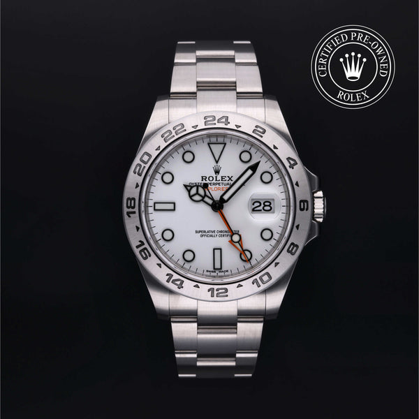 Rolex Certified Pre-owned Explorer II M216570-0001 front on black background