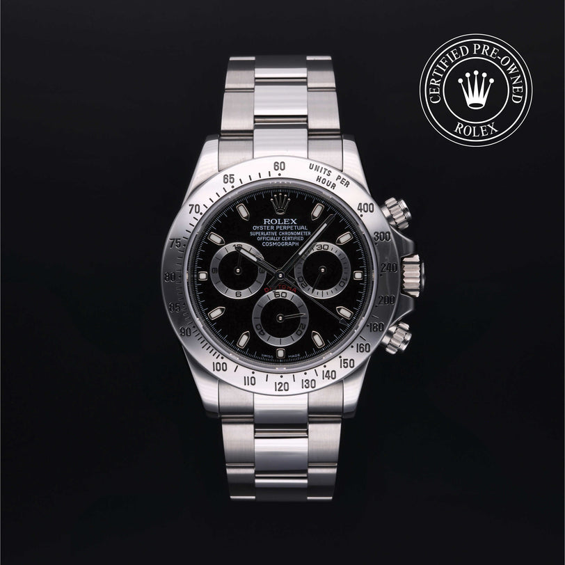Rolex Certified Pre-owned Daytona Steel M116520-0015 front on black background