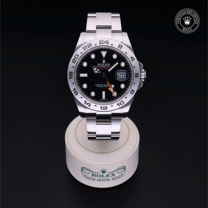 Rolex Certified Pre-owned Explorer M216570-0002 front on black background