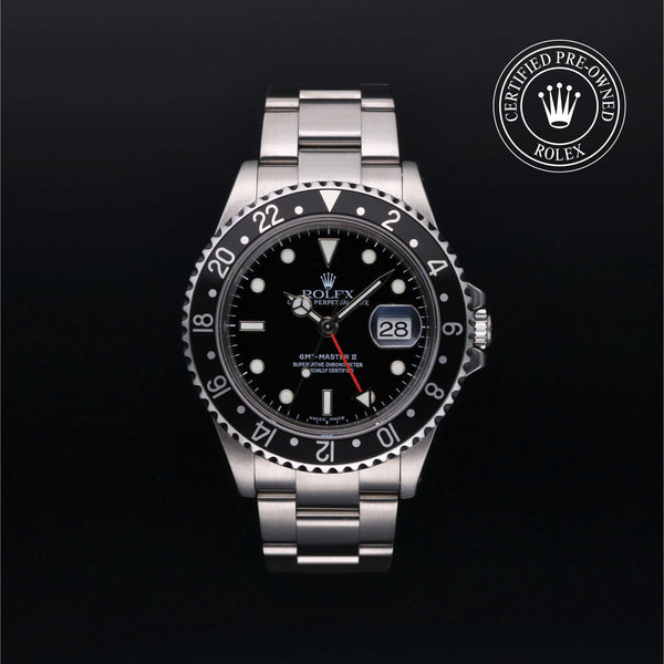 Rolex Certified Pre-owned GMT II M16710LN-0004 front on black background