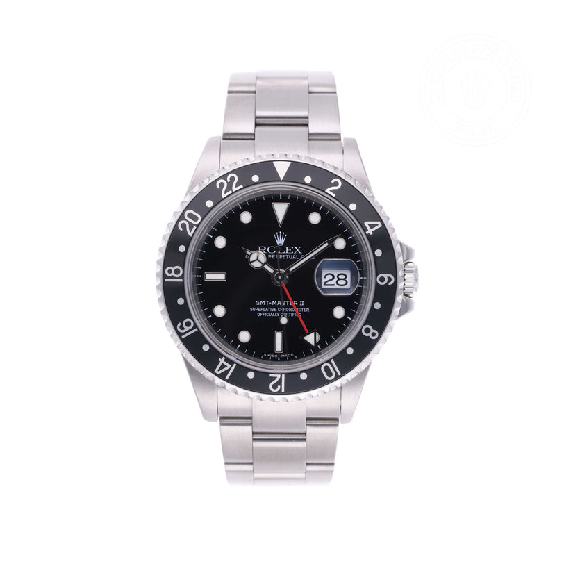 Rolex Certified Pre-owned GMT II M16710LN-0004 front on white background