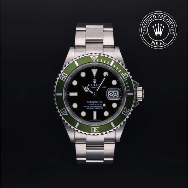 Rolex Certified Pre-owned Submariner Date M16610LV-0002 front on black background