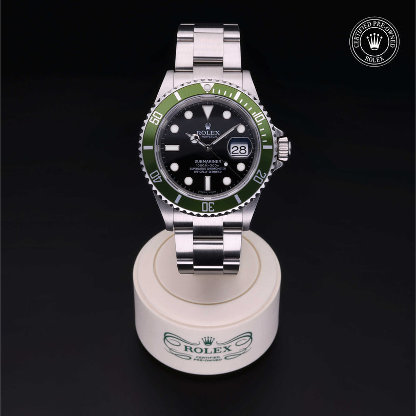 Rolex Certified Pre-owned Submariner Date M16610LV-0002 front on black background